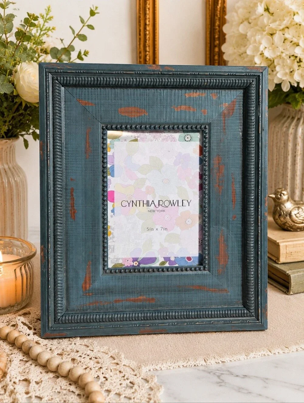 Cynthia Rowley Distressed Teal Blue Carved 5x7 Picture Frame Rustic Wood Look